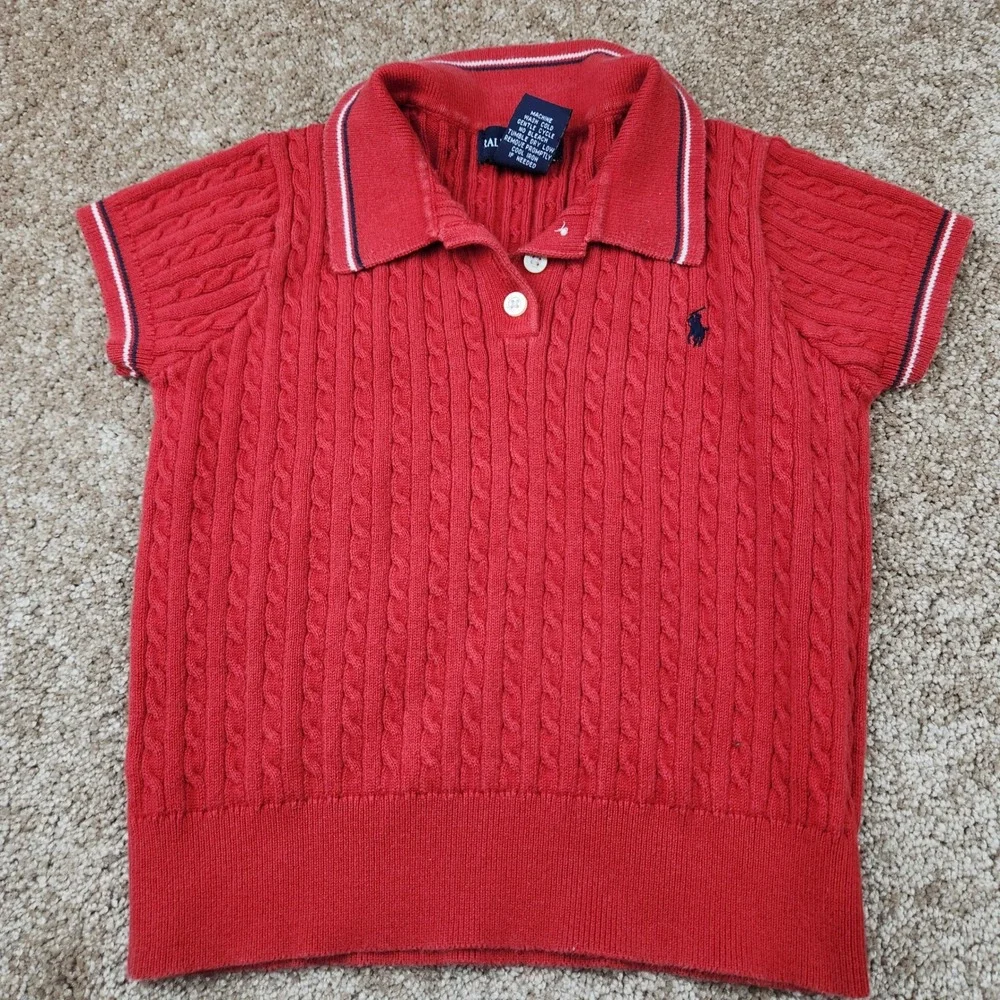 Ralph Lauren Kids Red Cable Knit Short Sleeve Polo Sweater Size 5 Tipped Collar